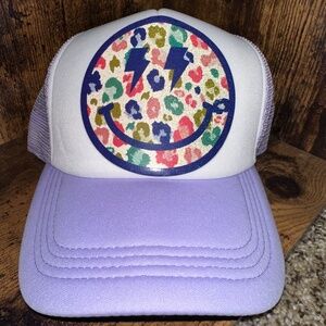 Handmade Lavender Trucker Hat With Cute Colorful Cheetah/Glitter Happy Face
